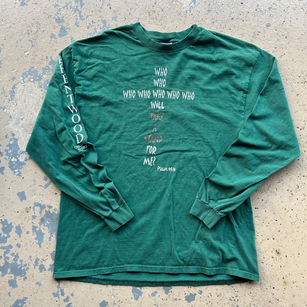 Vintage 90s Hanes Beefy-T Long Sleeve Jesus Christian Tee Green XXL Psalm 94:16